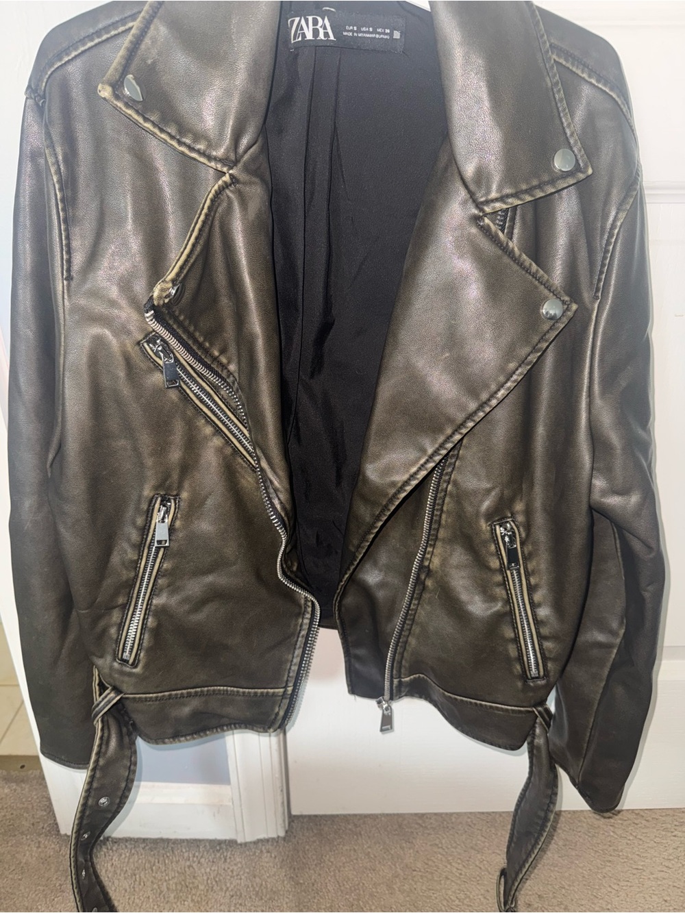 Zara Women's Metallic Olive Faux-Leather Moto Jacket